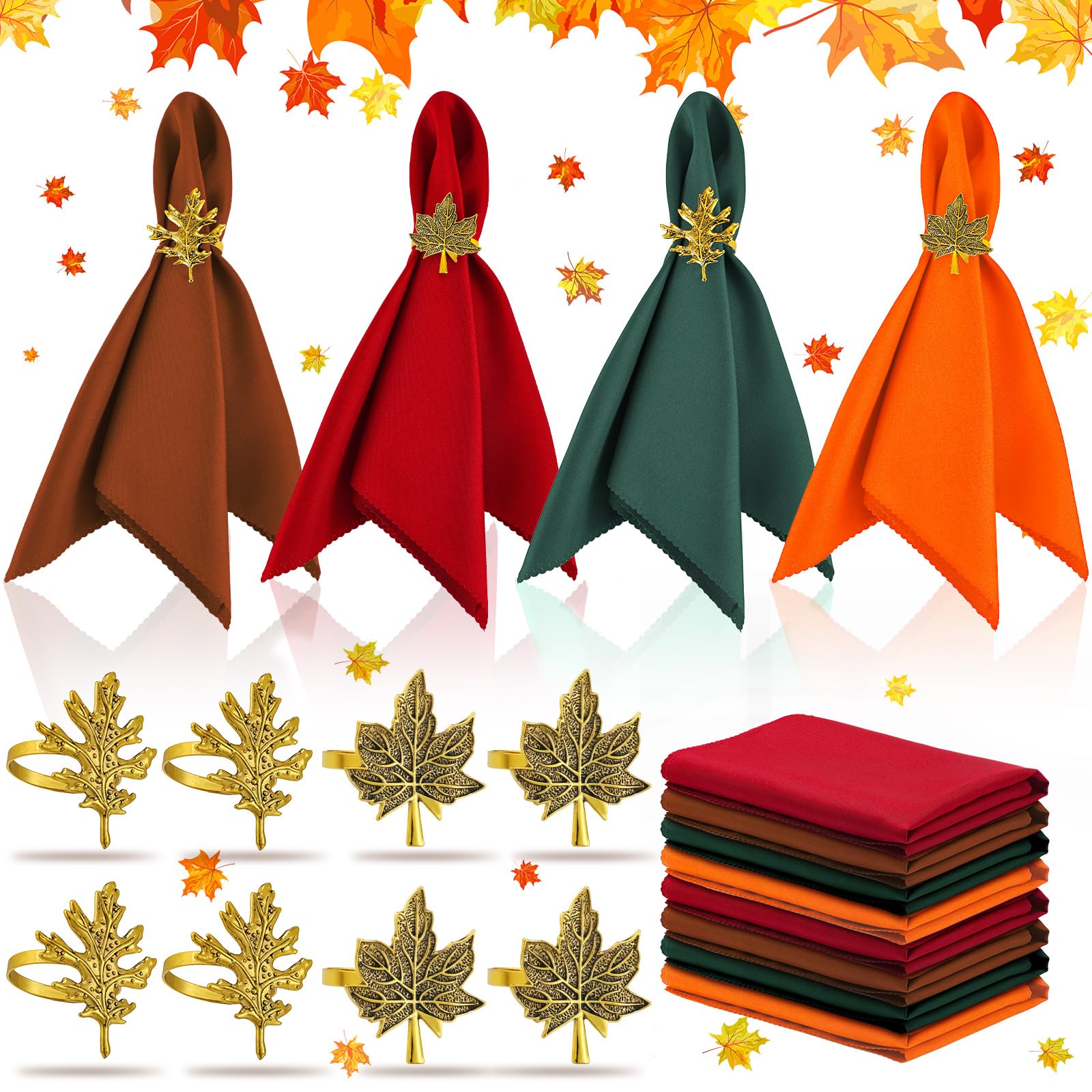 Photo 1 of 16 Pcs Fall Thanksgiving Napkin Ring Set 8 Pcs Napkin Rings and 8 Pcs Washable Thanksgiving Dinner Napkins for Fall Party Holiday Kitchen Table Decoration for Autumn Party Supplies(Maple)