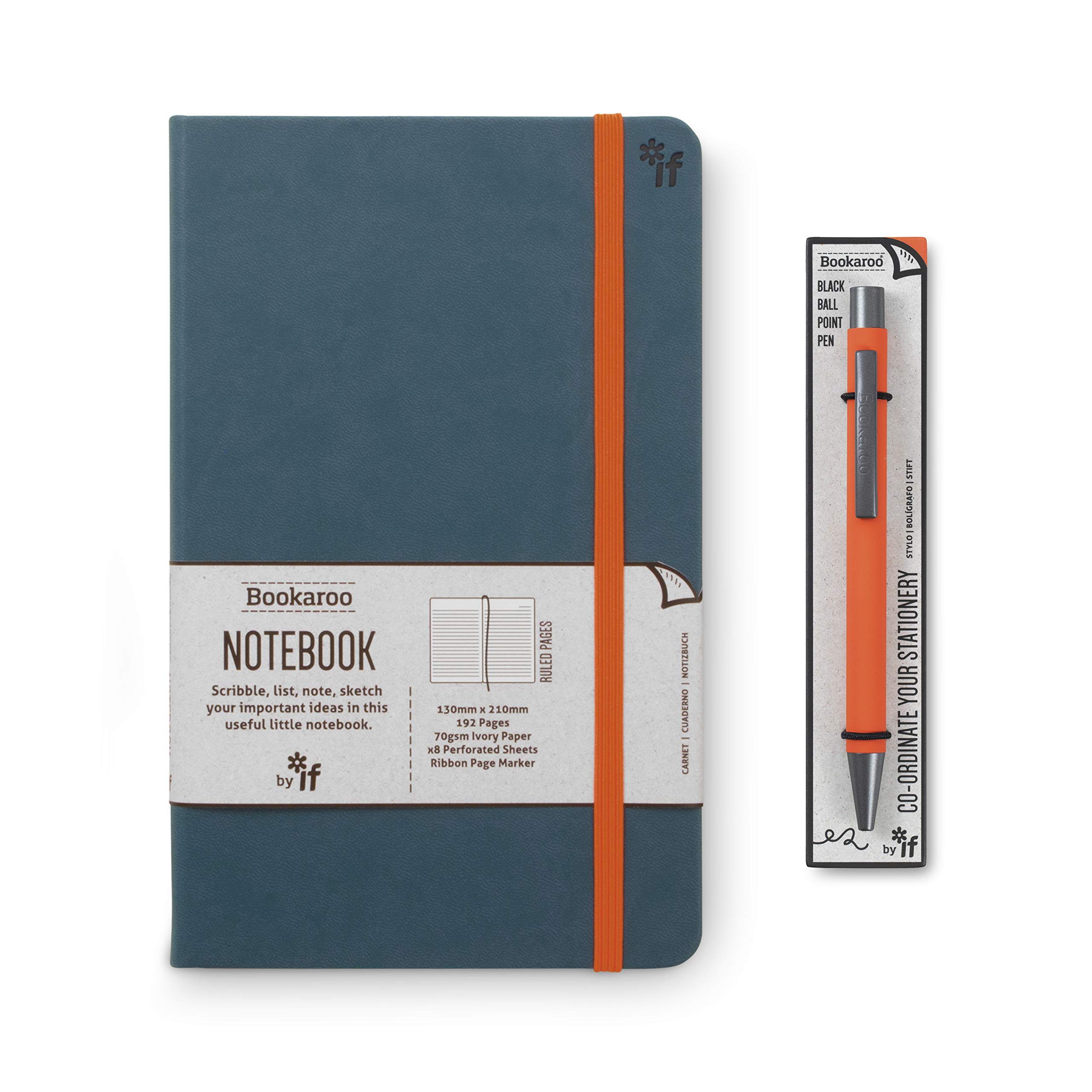IF Bookaroo Classic Ruled Notebook & Pen Set, Teal with Contrasting Orange Elastic Closure, Ribbon and Pen, Hard Cover with Soft PU, A5 21.5 x 13.5cm, 192 Pages. Metal Ballpoint Pen with Black Ink