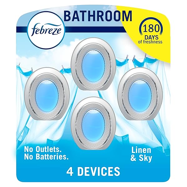FEBREZE BATHROOM AIR FRESHENER, ODOR-FIGHTING, PLUG IN ALTERNATIVE, AIR FRESHENERS FOR HOME AND BATHROOM AND KITCHEN, CLOSET AIR FRESHENERS, LINEN & SKY SCENT, 4 COUNT