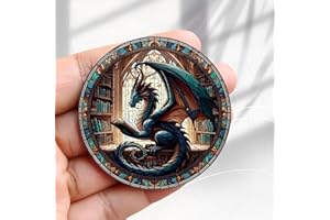 Vintage Fridge Magnet Dragon Reading in Stained Glass LibraryDesign -2.3inch Acrylic Round Refrigerator Sticker Retro Decor G