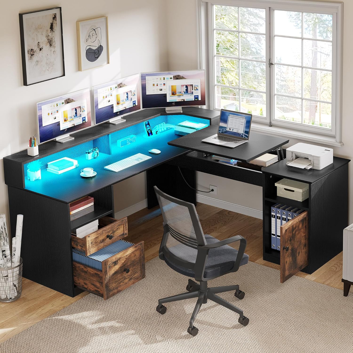 Photo 1 of ***PARTIAL SET - MISSING BOX****
YITAHOME L Shaped Desk with Power Outlets & LED Lights, 60" Corner Computer Desk with Drawers & Lift Top, Home Office Desk with Monitor Stand & File Cabinet, Wood Height Adjustable Desk, Black & Brown