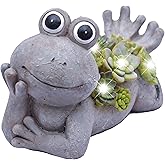 TERESA'S COLLECTIONS Garden Decor, Cute Frog Garden Statue with Solar Light, Waterproof Resin Garden Statue, Frog Gifts, Garden Gifts for Women Mom, Indoor/Outdoor, 5.5"