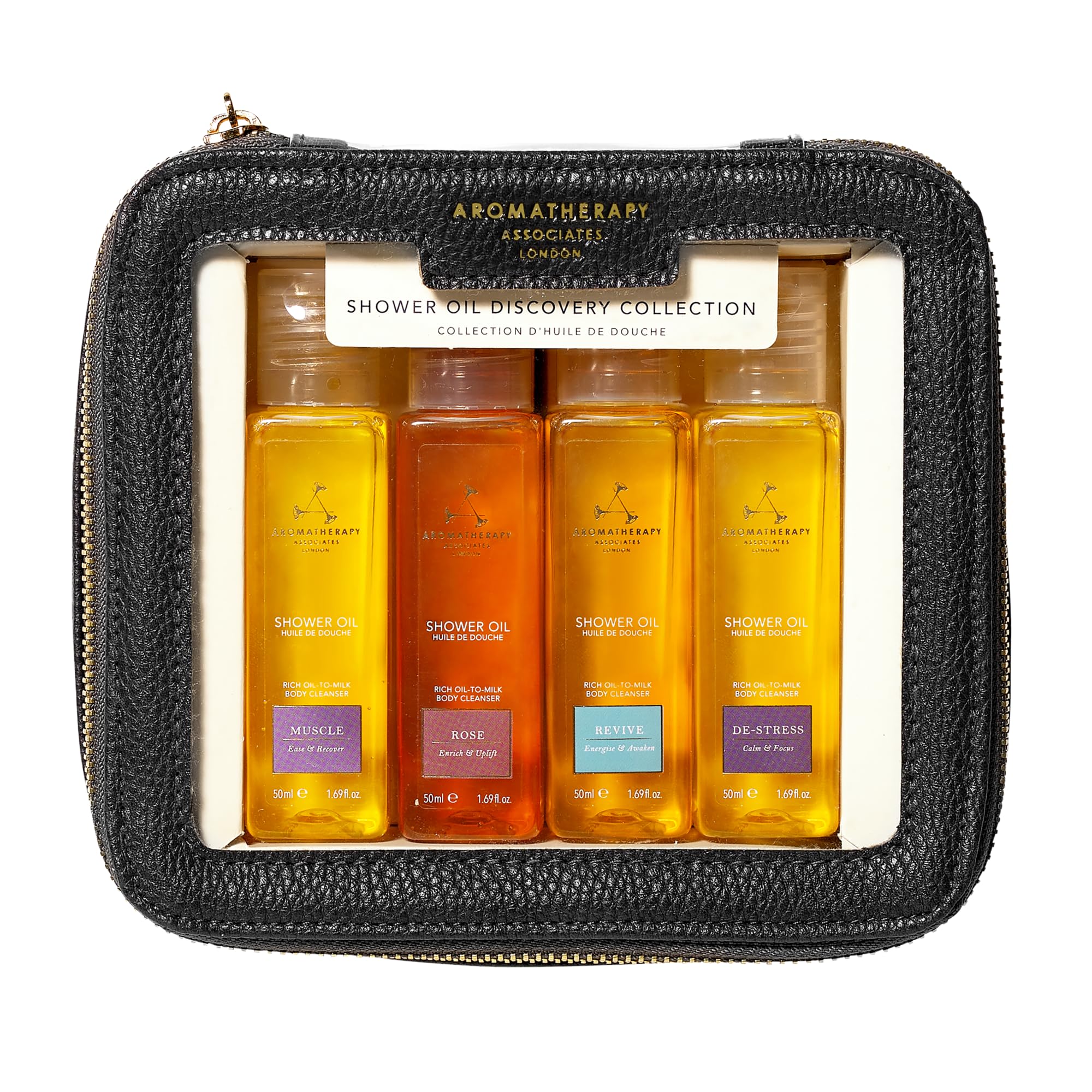 Aromatherapy Associates Shower Oil Collection - Essential Oil for Cleansing - Made of Natural Oil Blends - Aromatic Oils to Awaken Your Senses - Luxurious Oil-to-Milk Formula, 4 x 50ml
