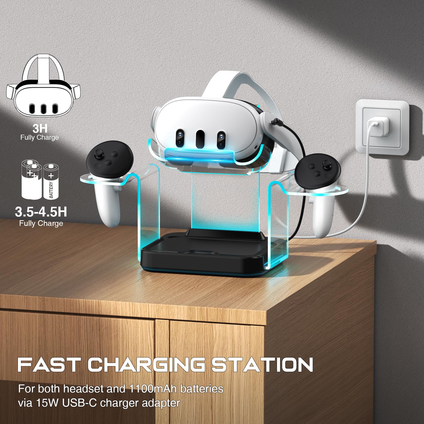 Charging Dock for Oculus Meta Quest3/ 3S / 2, VR Headset Charging Station with Adapter,USB A to C Cable and 4 Rechargeable Replacemnt Batteries (Charging Dock for Quest3/3S/2)