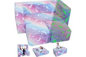 MeMoreCool Kids Couch Toddler Couch, Glow in The Dark Rainbow Kids Couch Fold Out, Baby Couch Kids Bedroom Furniture, Kids Sofa Play Couch for Playroom, Modular Kid Furniture for Bedroom Playroom