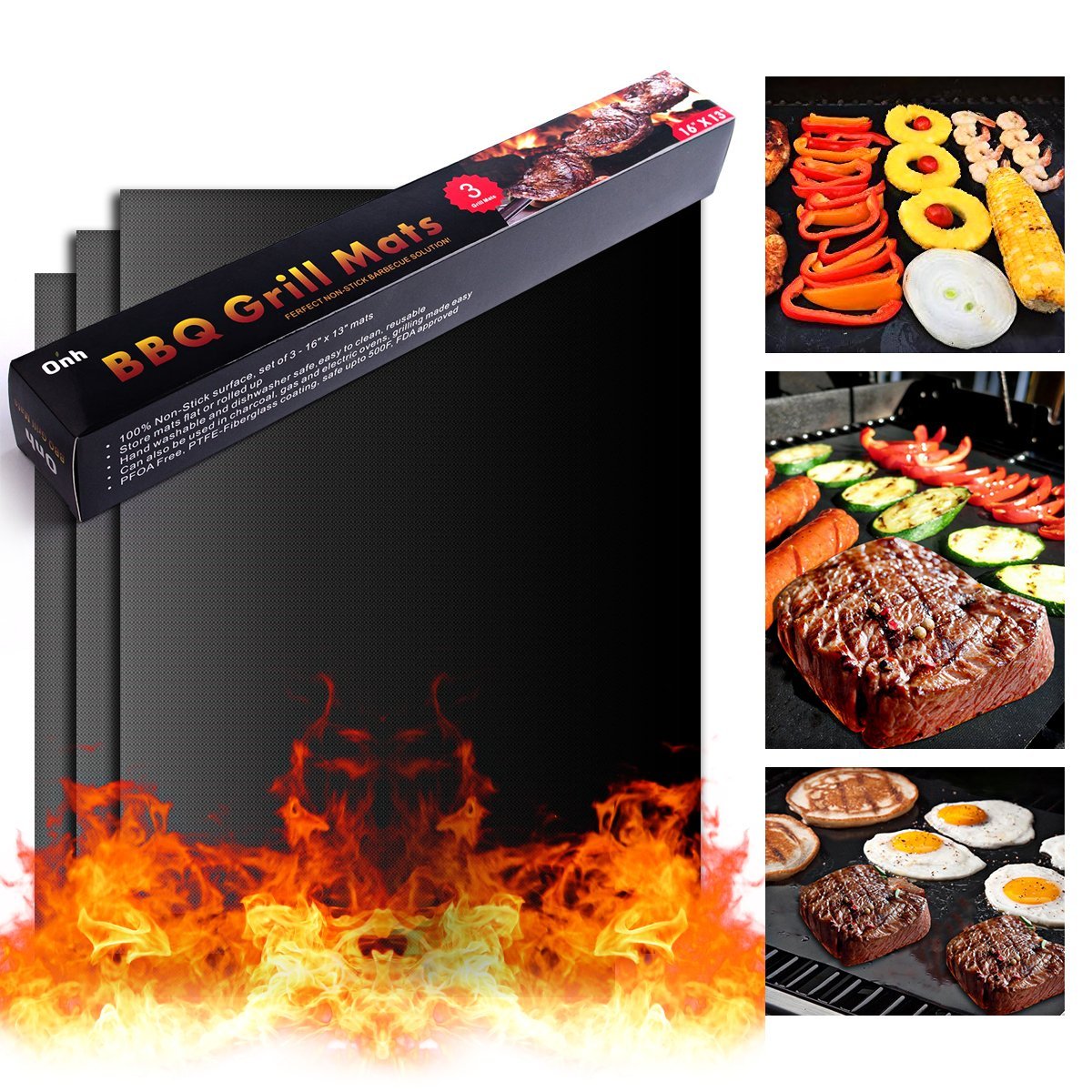 On'h BBQ Grill Mat - Set of 3 Heavy Duty Non-Stick for Ribs Shrimps Steaks Burgers Vegetables Reusable for Gas Charcoal Electric Grill Ovens Best Grilling Accessories