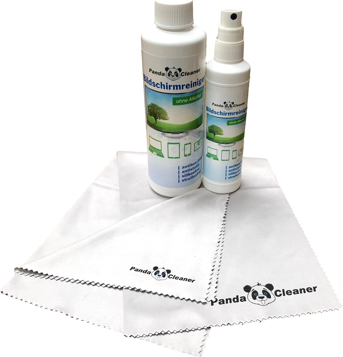 Screen Cleaner Spray Kit without alcohol 100ml Spray Bottle + 250ml Refill Bottle with 2x Microfibre Cloths 15x18 cm 30x40 cm