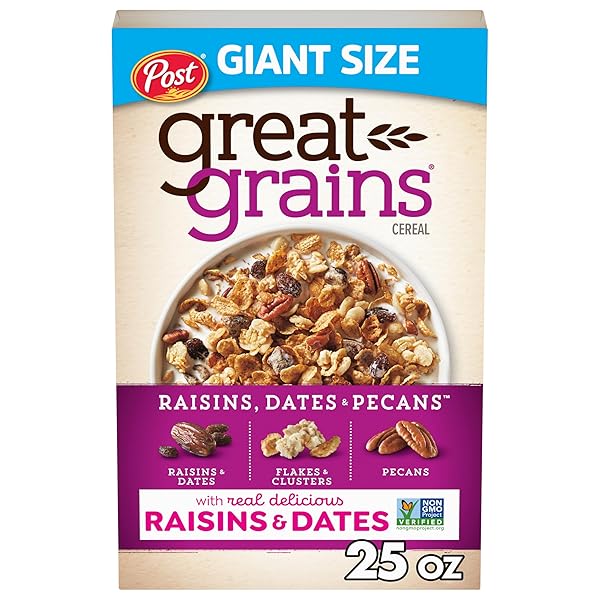 GREAT GRAINS RAISINS DATES & PECANS BREAKFAST CEREAL, CRUNCHY CLUSTERS WITH SWEET FRUIT AND WHOLE GRAINS, NON-GMO, 25 OZ BOX