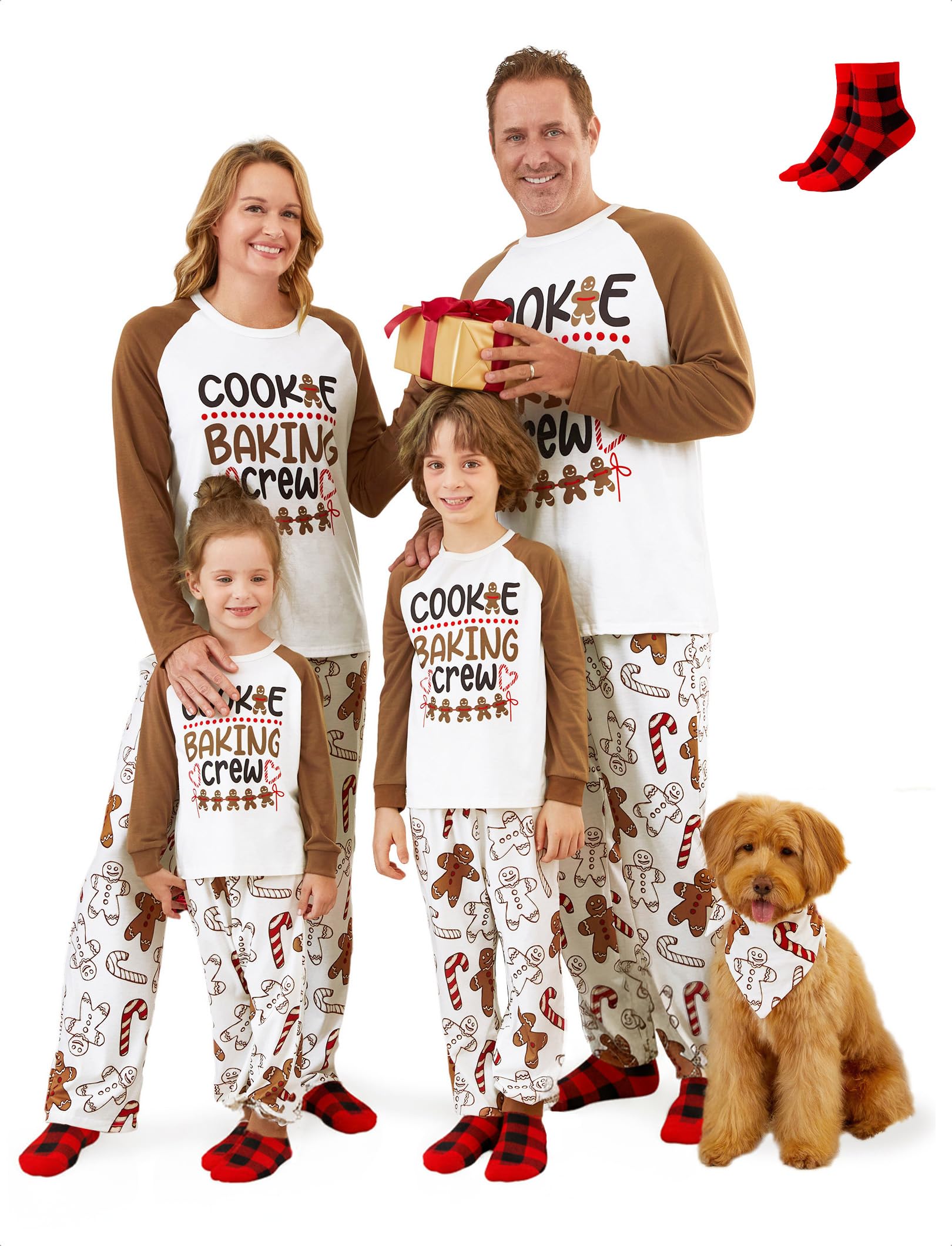 Photo 1 of 1 PCS PATPAT Family Christmas Pajamas Matching Sets Gingerbread PJs for Family Cookie Baking Crew Holiday Sleepwear, Khaki Letter Print Xmas Pajama Sets for Baby, Kids, Adults, Couples with Socks