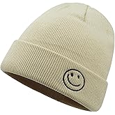 CLAPE Beanie Hat for Men, Cute Embroidery Smiley Face Winter Hat Women Outdoor Ski Snowboarding Knit Cuffed Fisherman Beanie