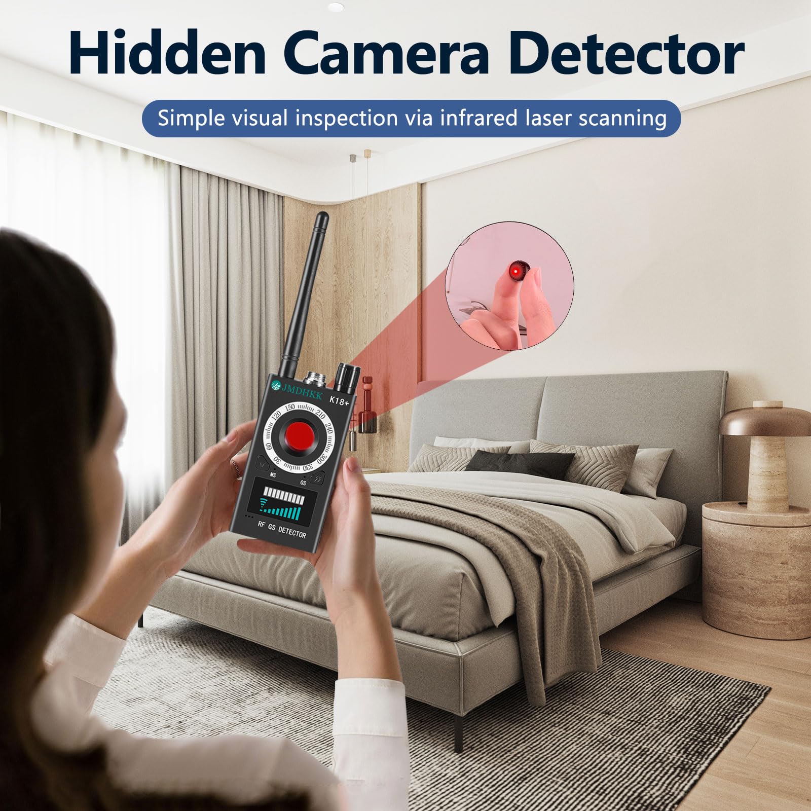 JMDHKK K18+ Hidden Camera Detector, Spy Camera Finder, Bug Detector, Magnetic Field Detector, Listening Device Detector – Privacy Protection Tool for Home, Office, Hotel, and Travel Security(Black)