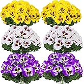 ASTRYAS 12 Bundles Artificial Fake Pansy Flowers for Outdoor, Faux UV Resistant Silk Pansies Flowers for Outside Planter Front Door Porch Yard Patio Window Box Home Decor (White/Purple/Yellow)