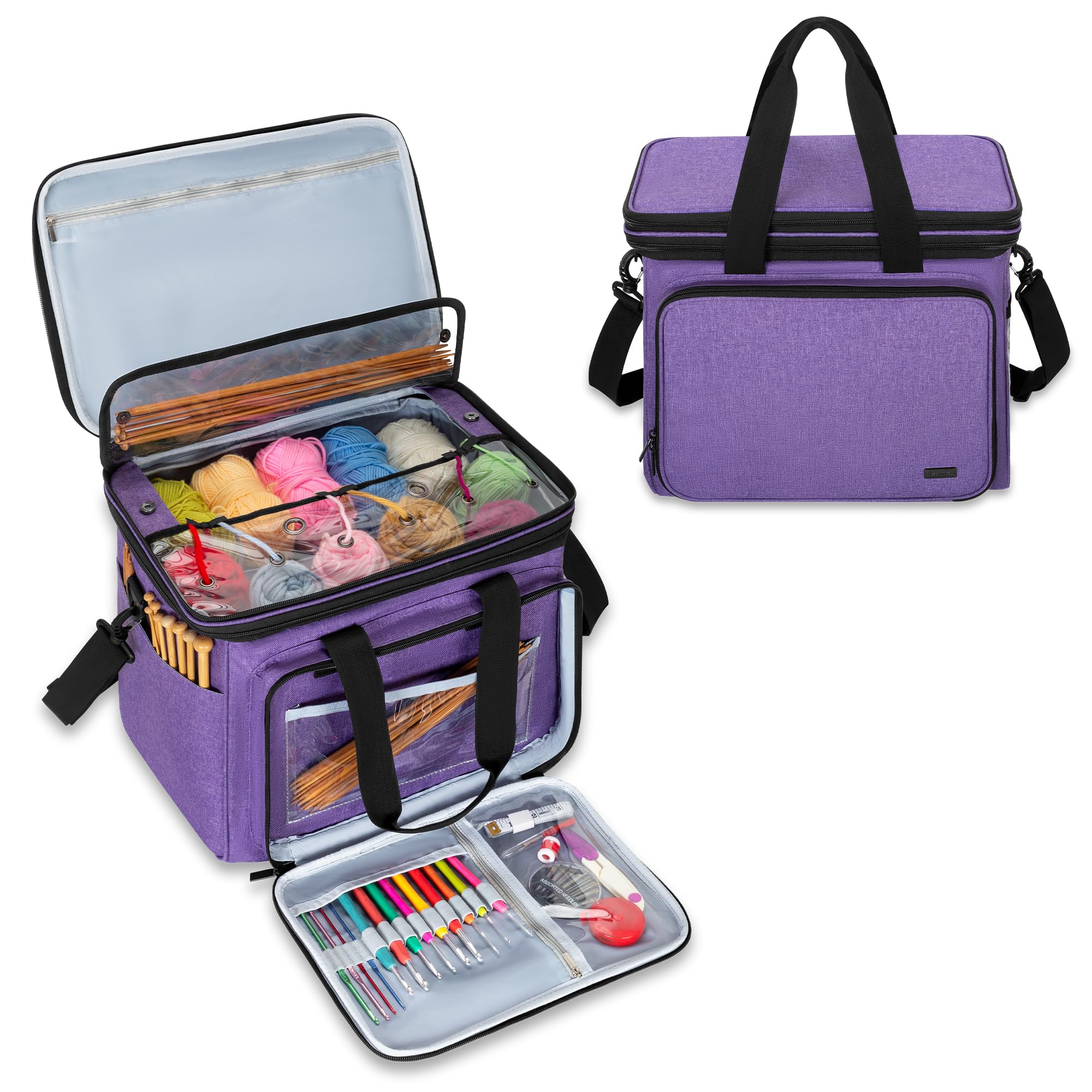 Teamoy Knitting Bag, Yarn Storage Tote with Nylon Zippered Cover, Multiple Inner Divider for Yarn and Unfinished Project, Crochet Hooks, Needles and Accessories(NO Accessories Included), Purple