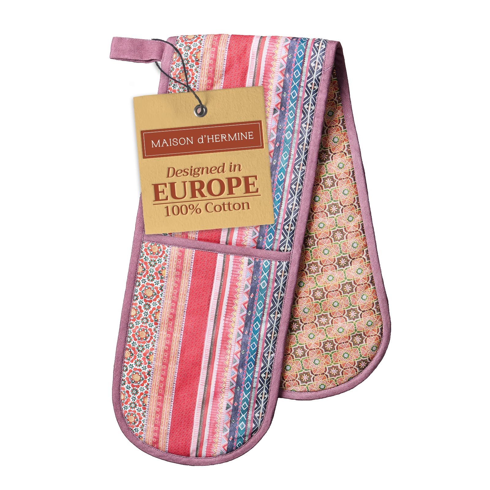 Maison d' Hermine Double Oven Mitt (18 cm x 89 cm) 100% Cotton Heat Resistant BBQ Cooking Gloves with Loop for Christmas Decorations Baking Cooking Barbeque Handling Hot Pan (Ispahan) — image 1