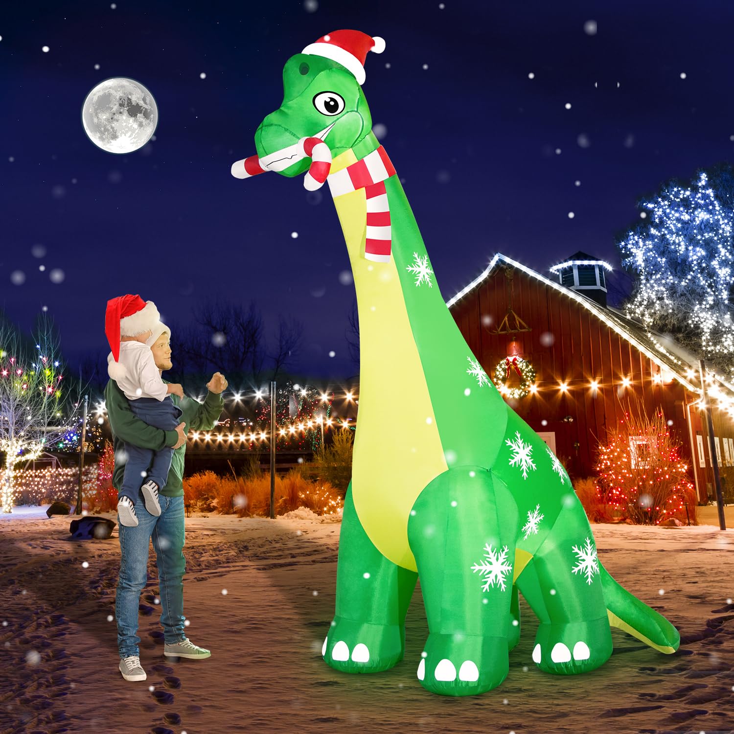 Photo 1 of 13FT Giant Dinosaur Christmas Inflatable Decorations, Built-in LED Lights, Strong Blower Huge Blow Up Yard Clearance Decor with Large Candy Cane Xmas Santa Hat Outdoor Indoor Holiday Party