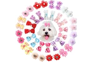 Janinka 40 Pieces Dog Bows Cute Dog Hair Bows for Puppy Hair Bowknot with Rubber Bands Lace Organza Rhinestone Pearls Multicolor Pet Grooming Accessories