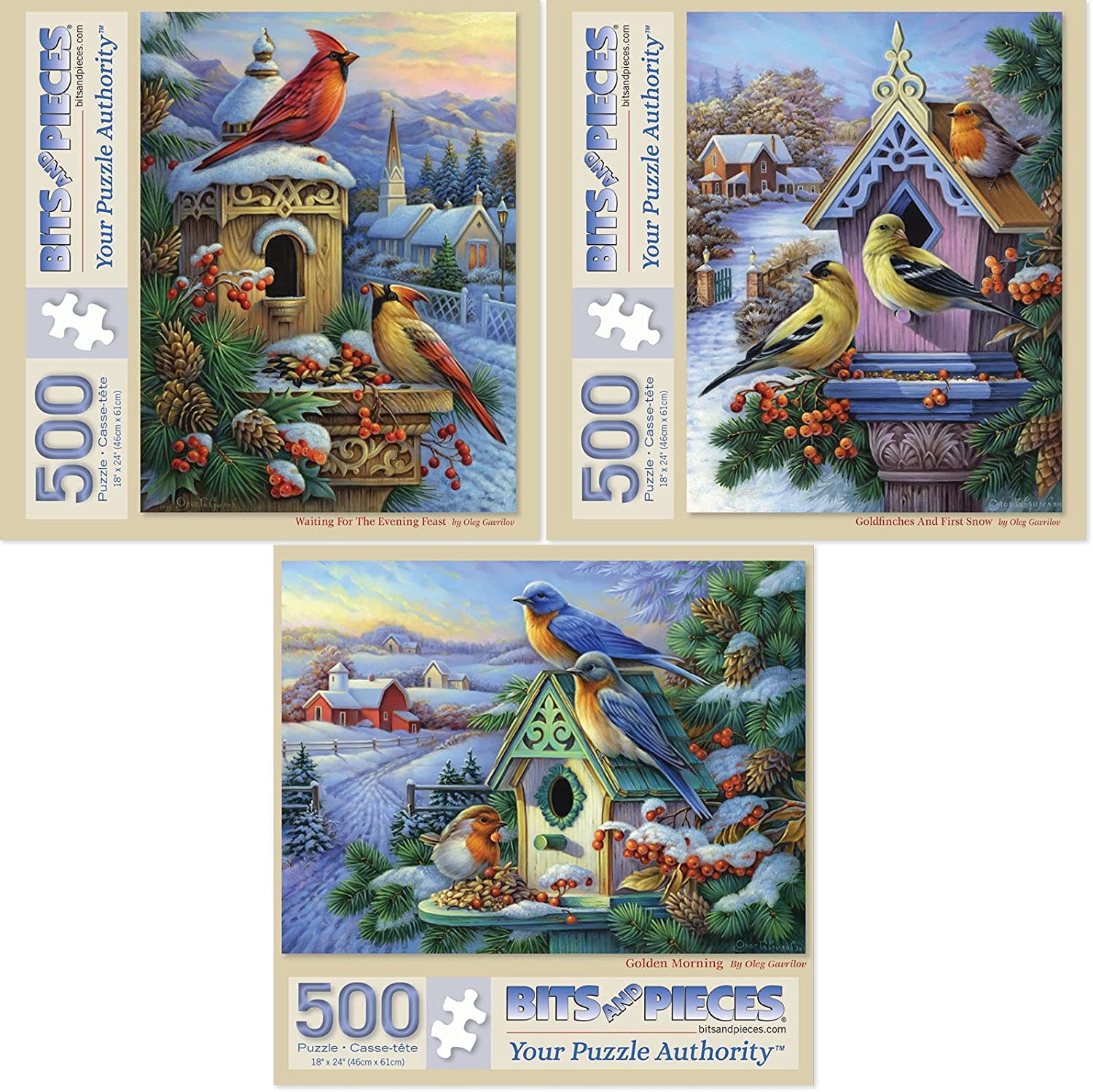 Bits and Pieces - Value Set of Three (3) 500 Piece Jigsaw Puzzles for Adults - Each Puzzle Measures 46cm x 61cm- Snowy Winter Birds Jigsaws by Artist Oleg Gavrilov