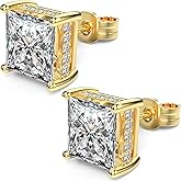 TATCAI 18K White Gold Plated Sterling Silver Princess Cut Square Cubic Zirconia Stud Earrings for Women Men Clear CZ Diamond Stud Earrings