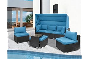 GIODIR 7 Pieces Patio Furniture Set, Rattan Daybed with Retractable Canopy and Adjustable Backrest, Outdoor Sectional Sofa Set PE Wicker Sunbed Conversation Set (Blue)