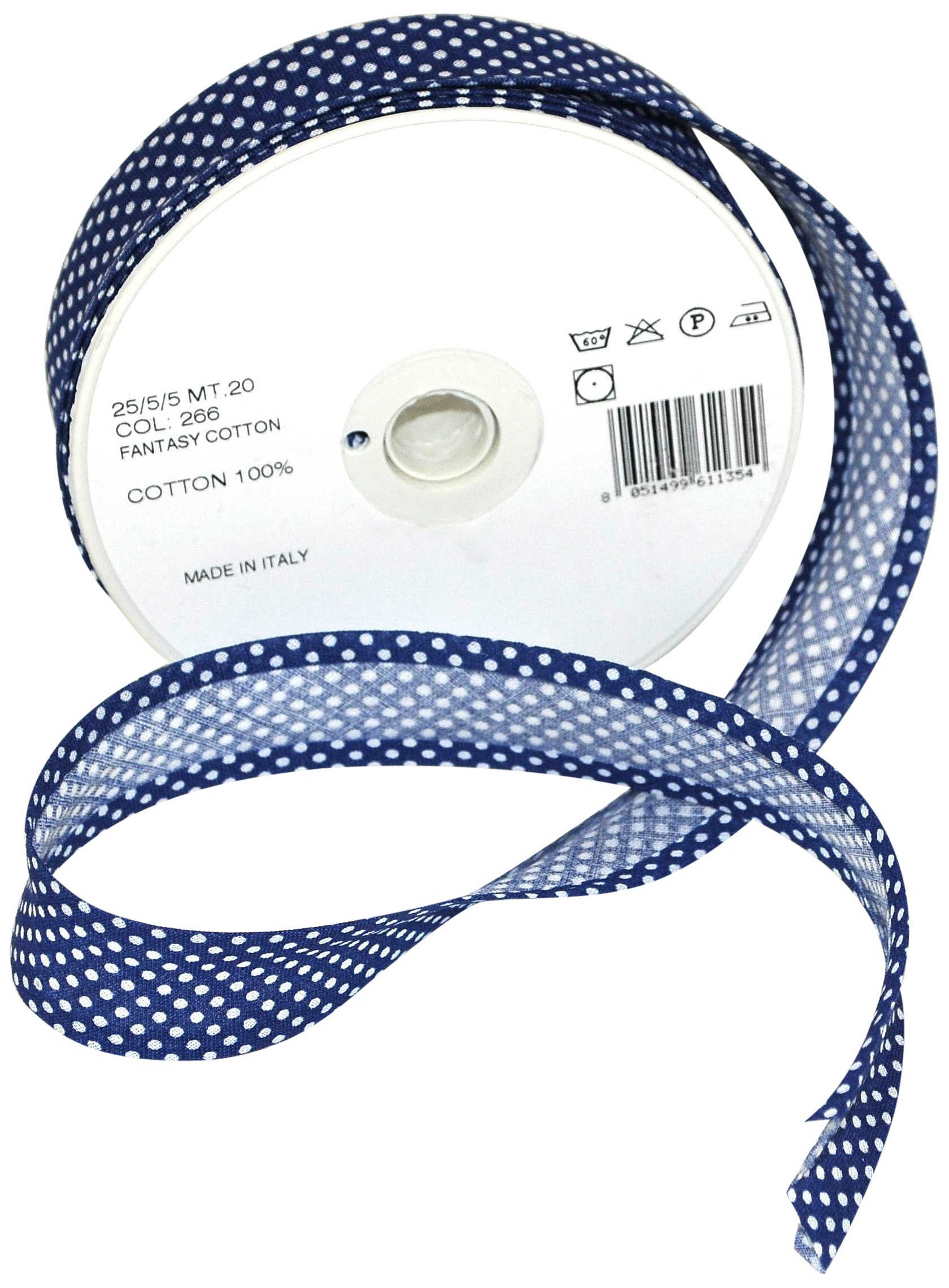 Inastri 25/ 5/ 5 mm Cotton Bias Binding in Blue Polka White 266