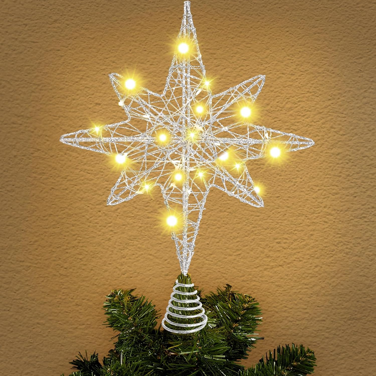 Tree Toppers - DULEFUN Christmas Tree Topper 13.5” Silver Star Tree Toppers with 20 LED Lights for Christmas Tree Decorations, Xmas Tree Top Ornament for New Year Holiday Home Office Indoor