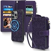 Harryshell 2 in 1 for iPhone 16 Wallet Case Magnetic Compatible with Magsafe RFID Blocking Card Holder Detachable Phone Cover Zipper Purse Kickstand Wrist Strap for Men Women 6.1" 2024 Floral Purple