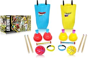 4FUN Wacky Race Set - Family Fun Outdoor Yard Games - Set Includes Hop Sack Race, Knee Walkers, Nose Nudge, Water Helmet Relay, 3-Legged Race, and Wizzy Dizzy – Great for Ages 3+