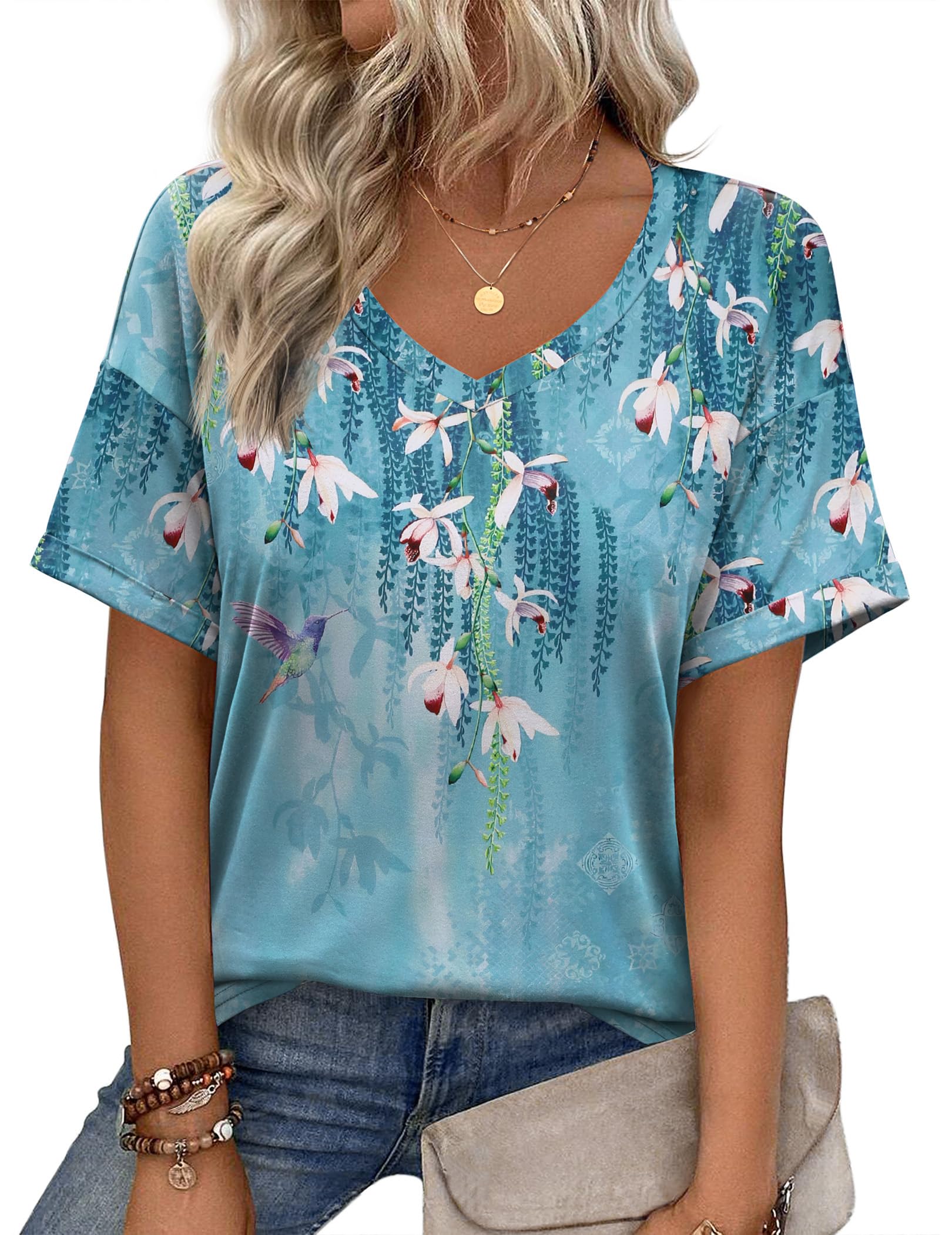 Zeagoo Women Shirts and Blouses Soft V Neck Flower Short Sleeve Loose ...