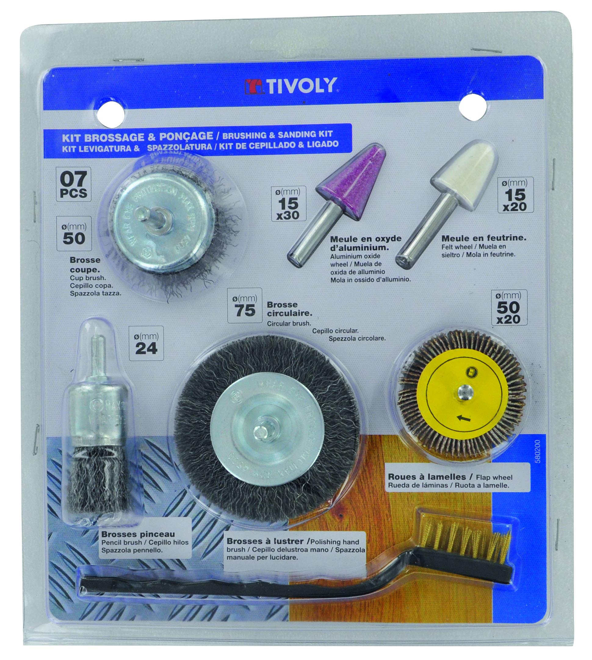 TIVOLY XT20252580200 7-Piece Polishing and Brushing Kit - Composed of 2 Circular Brushes 50 and 75 mm, Shank 6 mm, 1 Cup Brush 50 m, 2 Warning and Conical Wheels, 1 Manual Brush
