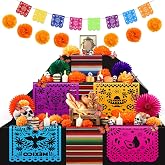 Newwiee 82 Pcs Day of The Dead Altar Decorations Kit, Colorful | Dia De Los Supplies, Papel Picado Banner, Marigold Flowers and Fans, Butterfly Decor, Flameless LED, Mexican Fiesta Theme