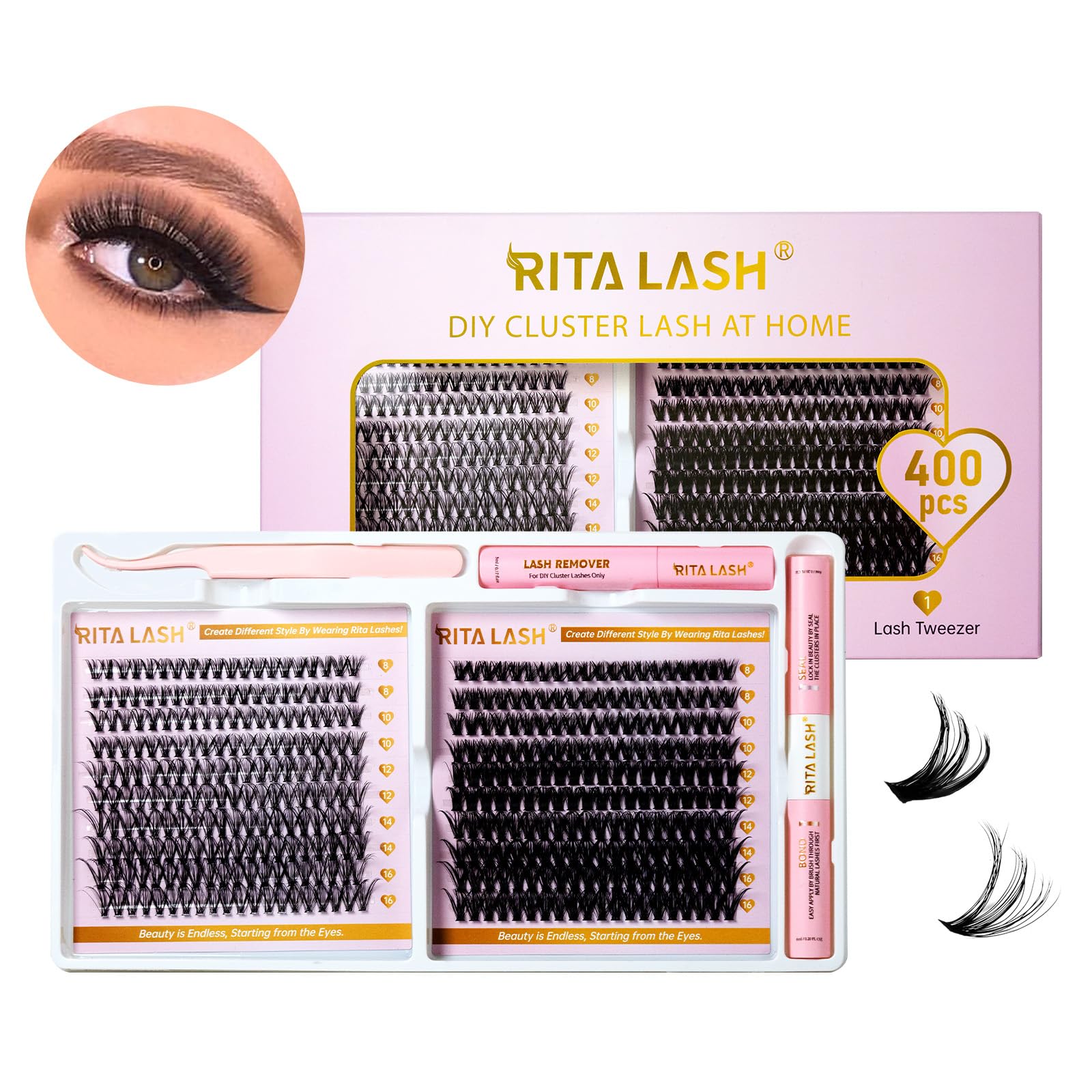 RITALASH Lash Extension Kit 400Pcs,DIY Individual Lashes Clusters Kit,Lash Bond And Seal,Lash Remover For Eyelashes Extensions (30D+50D Cluster Kit) — image 1