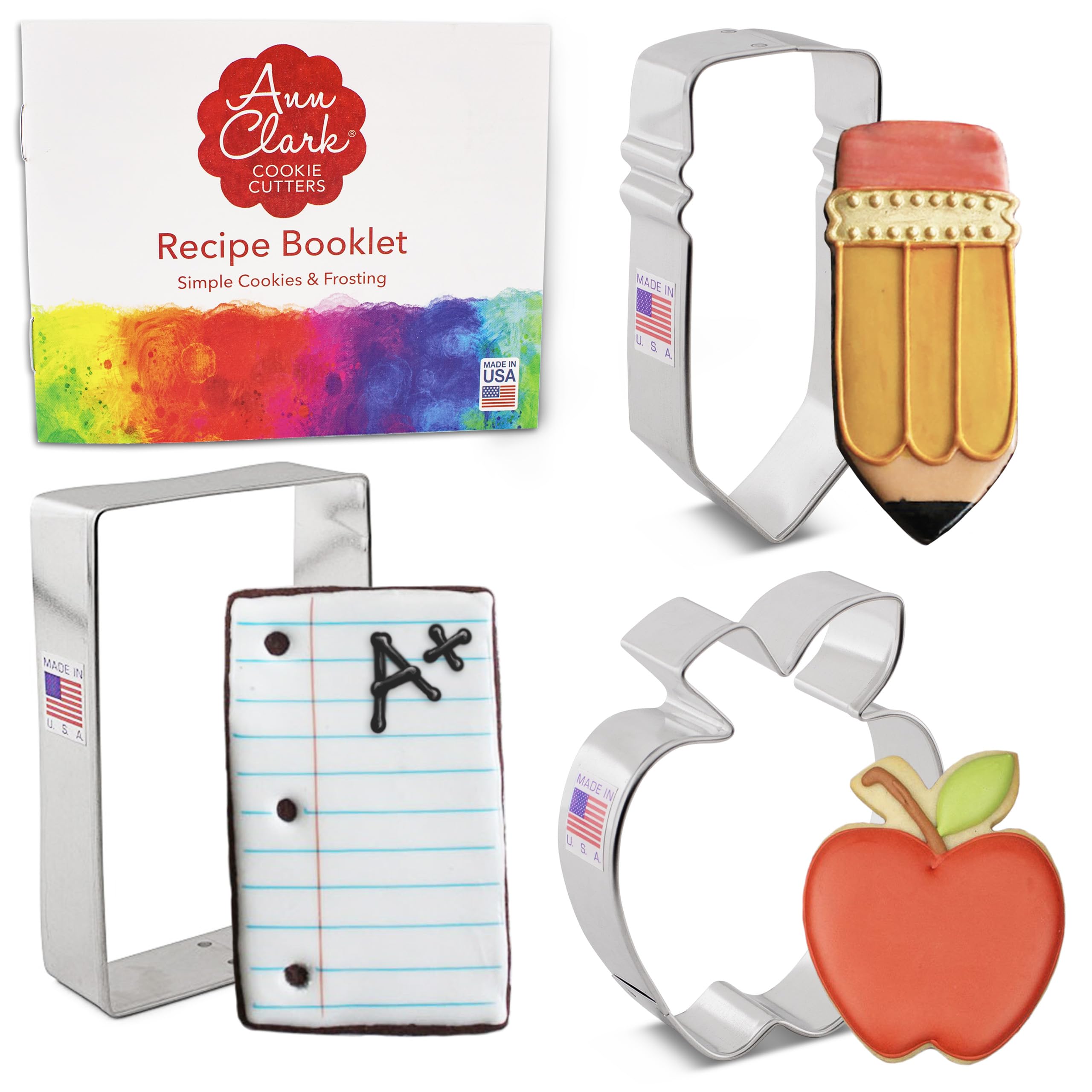 Back to School & Teacher Appreciation Cookie Cutters 3-Pc. Set Made by Ann Clark, Apple, Pencil, Notebook