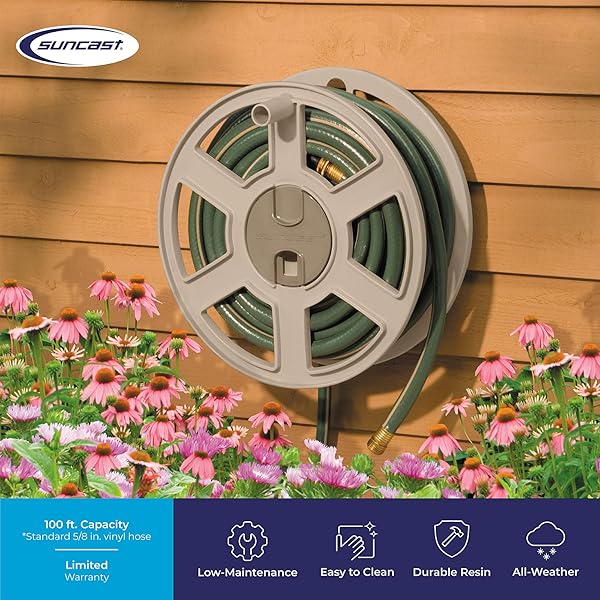 SUNCAST 100 FT GARDEN HOSE HOLDER WALL MOUNT, TAUPE HEAVY-DUTY WALL MOUNTED WATER HOSE REEL FOR OUTSIDE USE, MANUALLY RETRACTABLE SIDEWINDER, OPEN SPACE-SAVING STORAGE, MADE IN THE USA