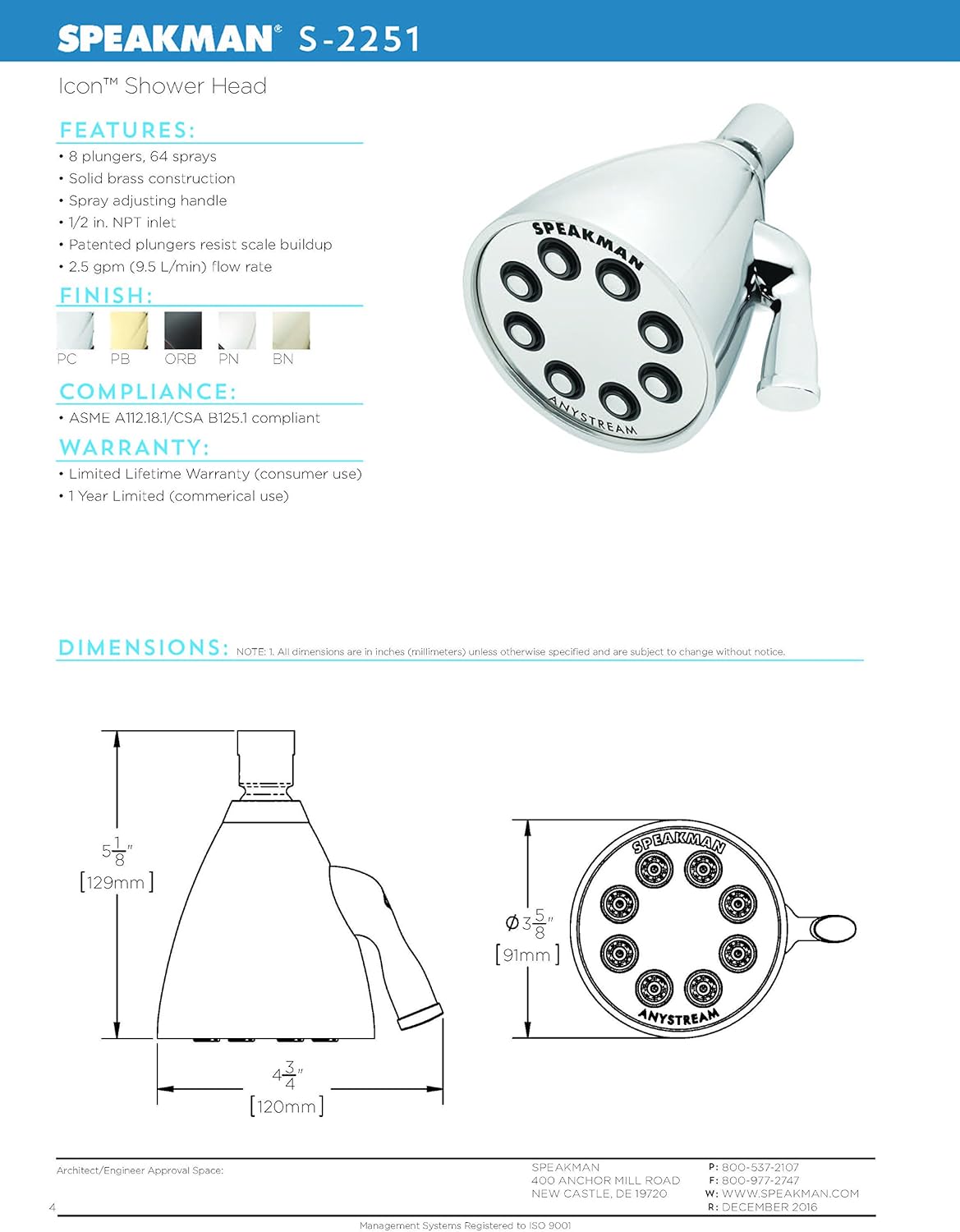 Speakman S-2251-ORB Signature Icon Anystream High Pressure Adjustable Solid Brass Shower Head, Oil-Rubbed Bronze - Fixed Showerheads - 