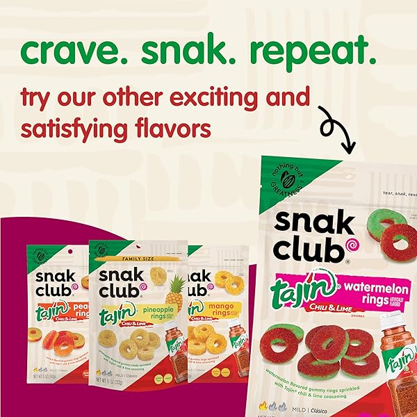 SNAK CLUB TAJIN APPLE RINGS GUMMY CANDY, FRUIT CANDY GUMMIES WITH CHILI AND LIME SEASONING, MILD, GLUTEN-FREE AND VEGAN SNACKS, 11 OZ RESEALABLE BAG