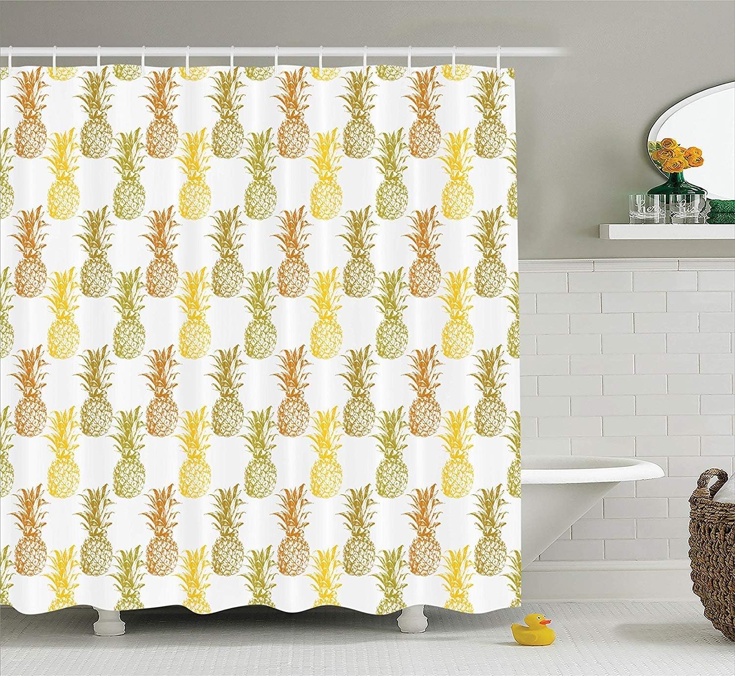 Presock Pineapple Shower Curtain, Hand Drawn Simply Sketched Stamp Minimal Background Pineapples, Fabric Bathroom Decor Set with Hooks,Mustard Cinnamon Olive Green 60X72 Inch