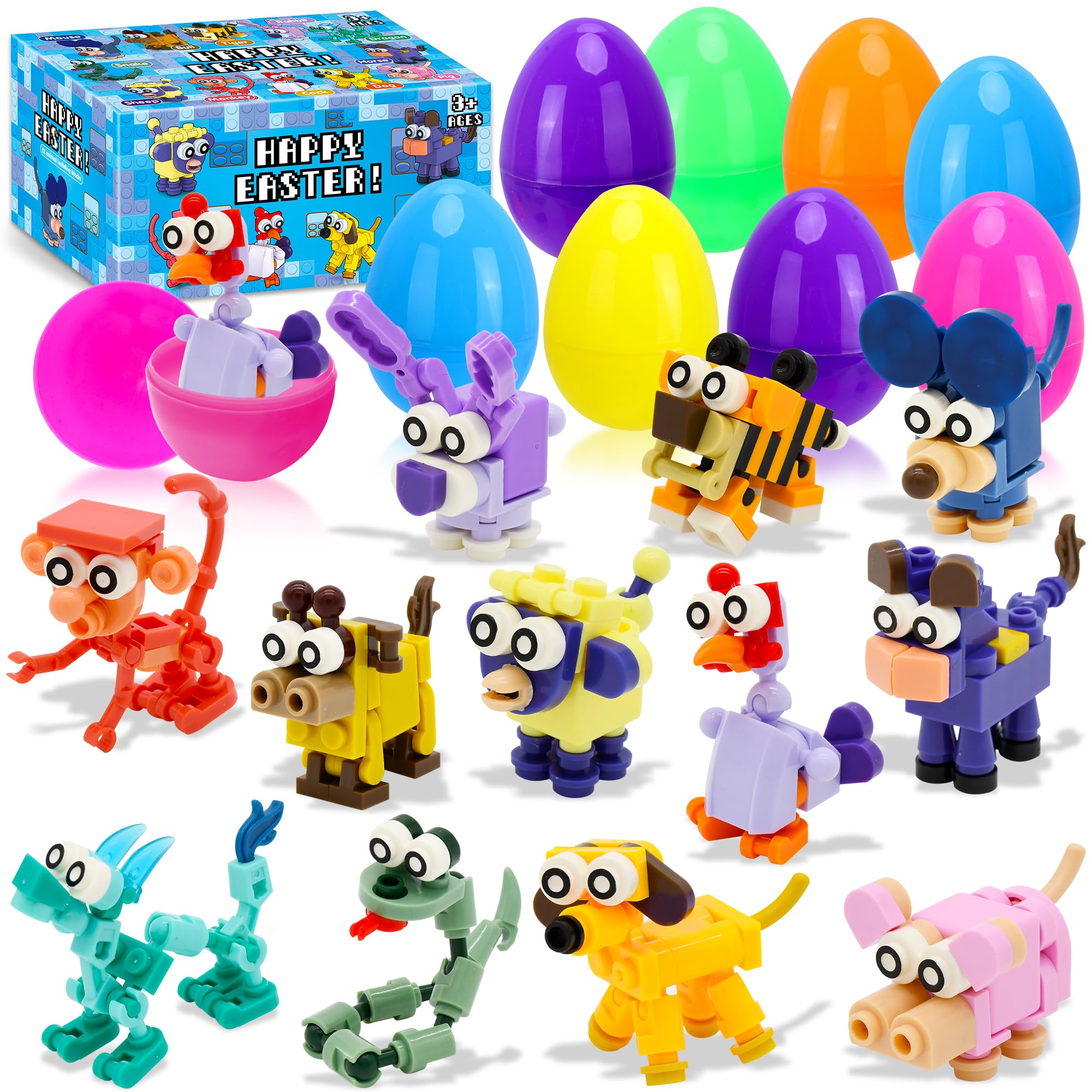 12 Pack Prefilled Easter Eggs With Toys, Animal Building Block Easter Basket Egg Hunt Stuffers, Pre Filled Easter Eggs Fillers Zodiac for Kids Gifts Party Favors, Goodie Bag Stuffer, Easter Prizes