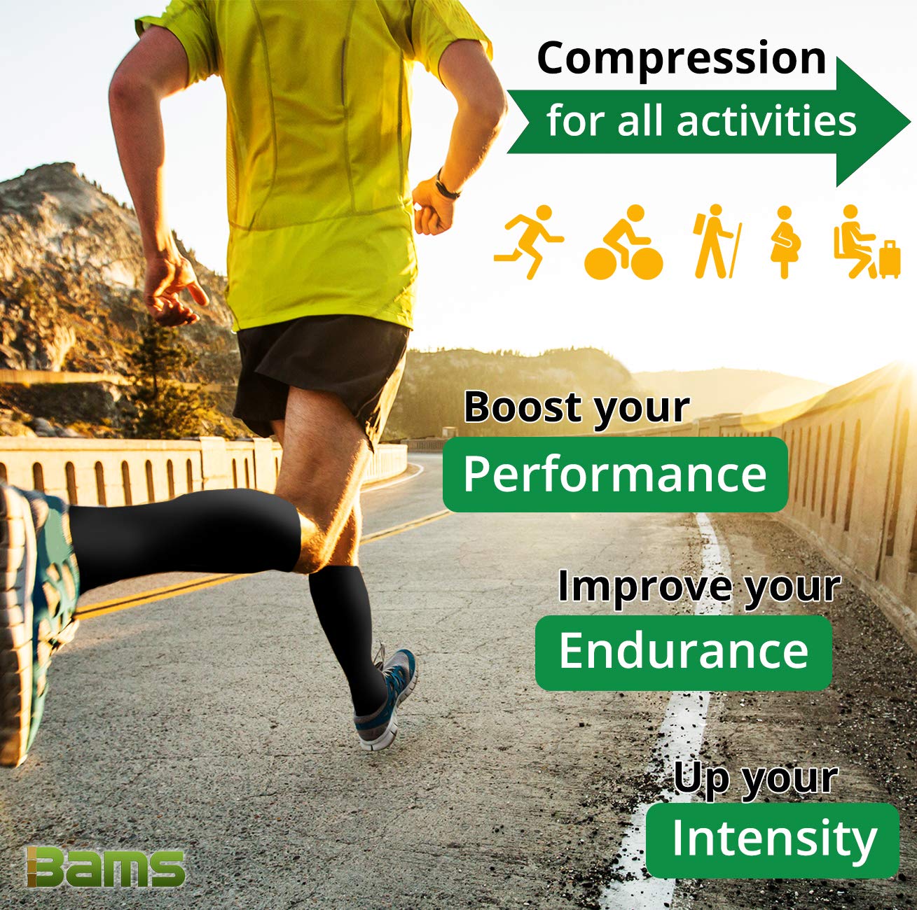 Bams Odor-Kill Bamboo Black Compression Socks for Men, Women- Antibacterial 15-20 mmHg Medical Graduated Knee-High Sock for Recovery Pain Swelling Injury Sports, Diabetic, Nurse, Maternity, Flight