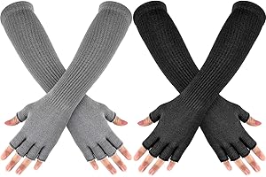 GEYOGA 2 Pairs Winter Fingerless Gloves Long Thermal Knitted Mittens Stretchy Arm Warmers Half Finger Gloves for Men Women, 11 Inch