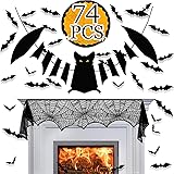 Funnlot Halloween Fireplace Decoration 74PCS Halloween Party Decor Halloween Eve Decor Include 3D Decorative Scary Bats Bat Banner With Glitter Black Lace Spiderweb Fireplace Mantle Scarf Cover