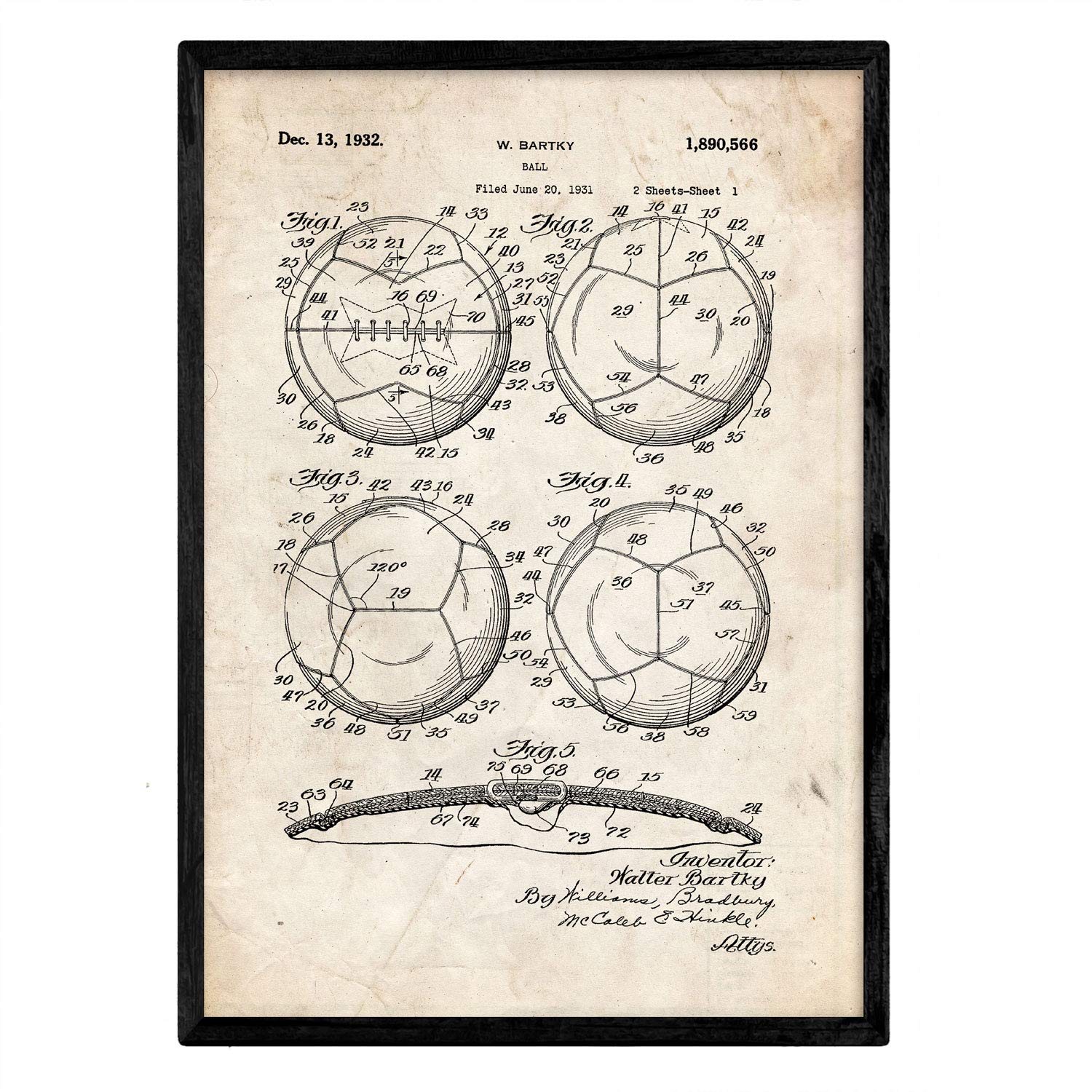 Nacnic Poster patent soccer ball. Sheet with old design patent in A3 size and vintage background