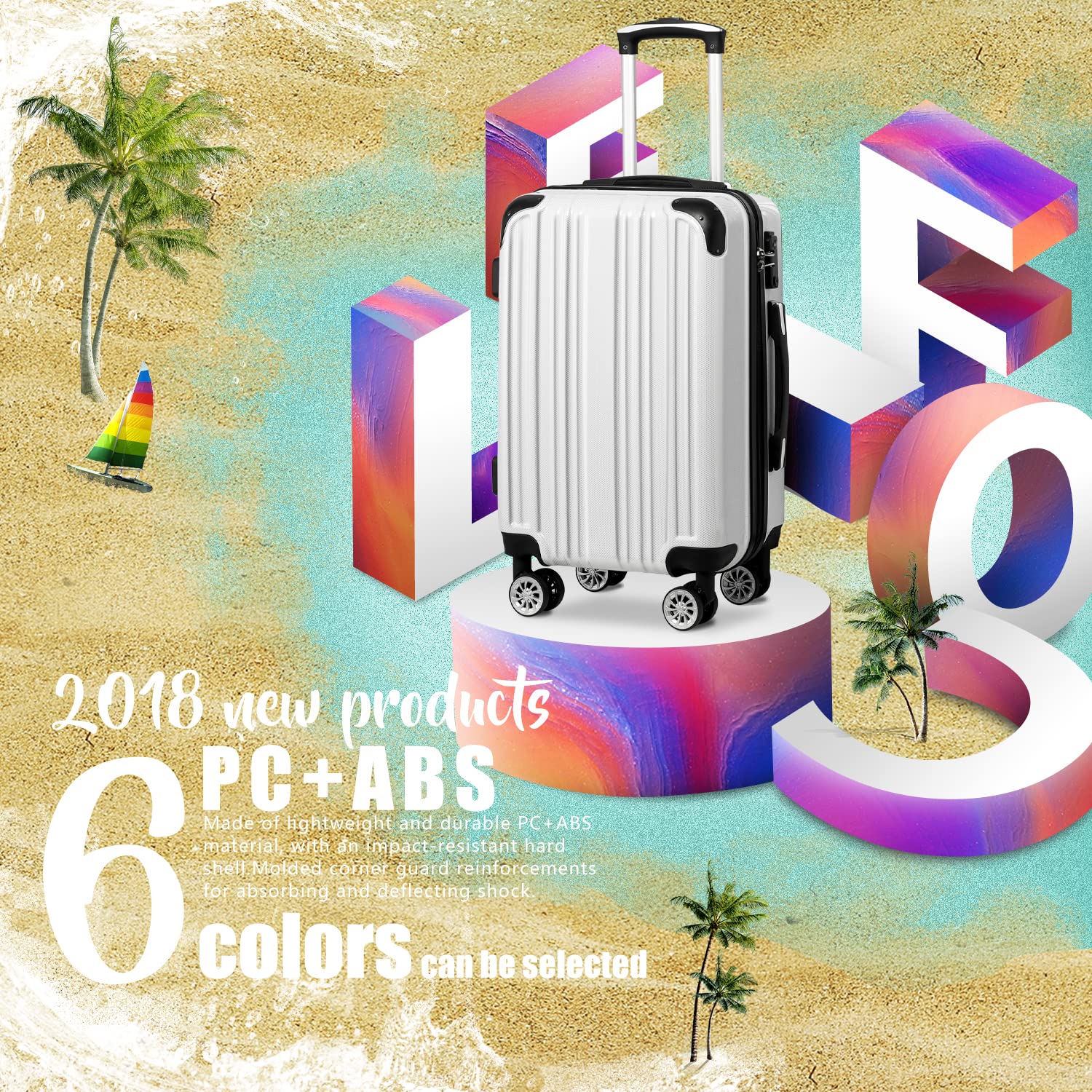 Coolife Luggage Expandable(only 28") Suitcase PC+ABS Spinner 20in 24in 28in Carry on (white grid new, M(24in))