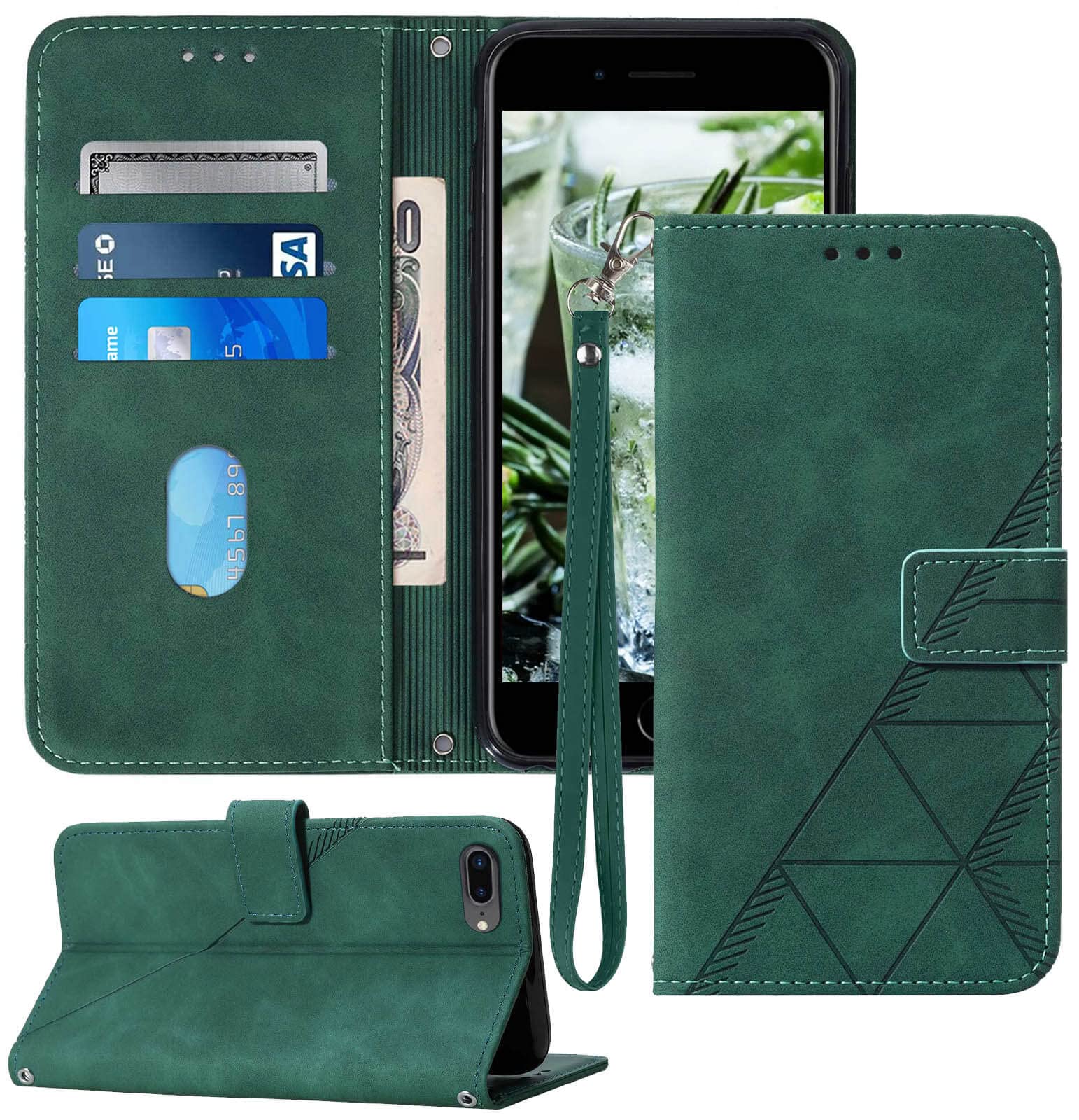 Photo 1 of Moment Dextrad for iPhone 7/8 Plus Case Wallet, 6/6S Plus Case, Card Holder Slots Wrist Strap TPU Interior Protective, Stand PU Leather Folio Flip Cover (Green)
