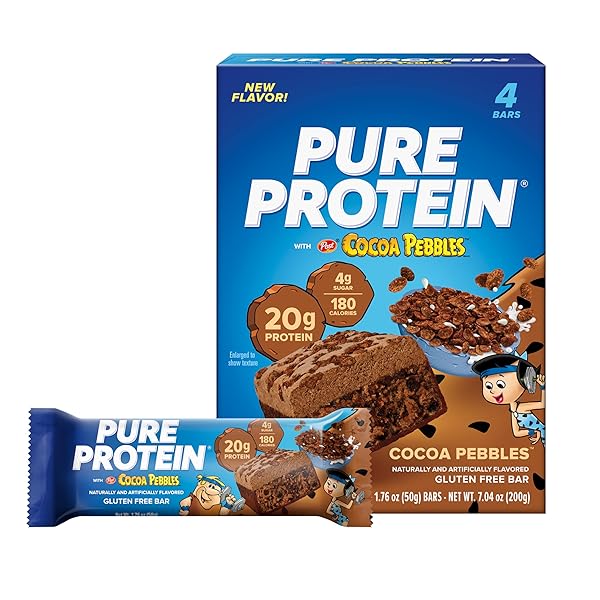 PURE PROTEIN COCOA PEBBLES™ PROTEIN BARS – 20G PROTEIN, 4G SUGAR, 180 CALORIES (4 COUNT) LOW SUGAR* HIGH PROTEIN SNACK – GLUTEN FREE – PERFECT FOR A HEALTHY SNACK.