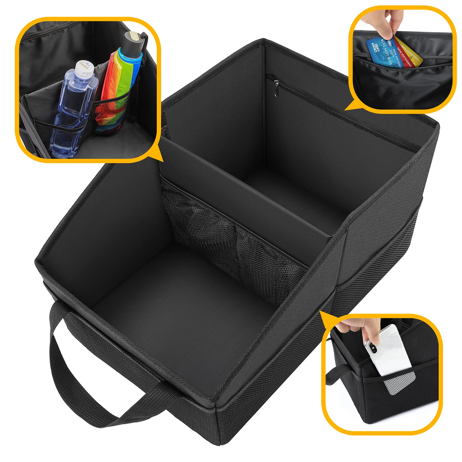 Car Organizer - Automotive Organizer for Front And Back Seat or Floor, Car Caddy Organizer with Divide, Handles and Multiple Mesh Pockets