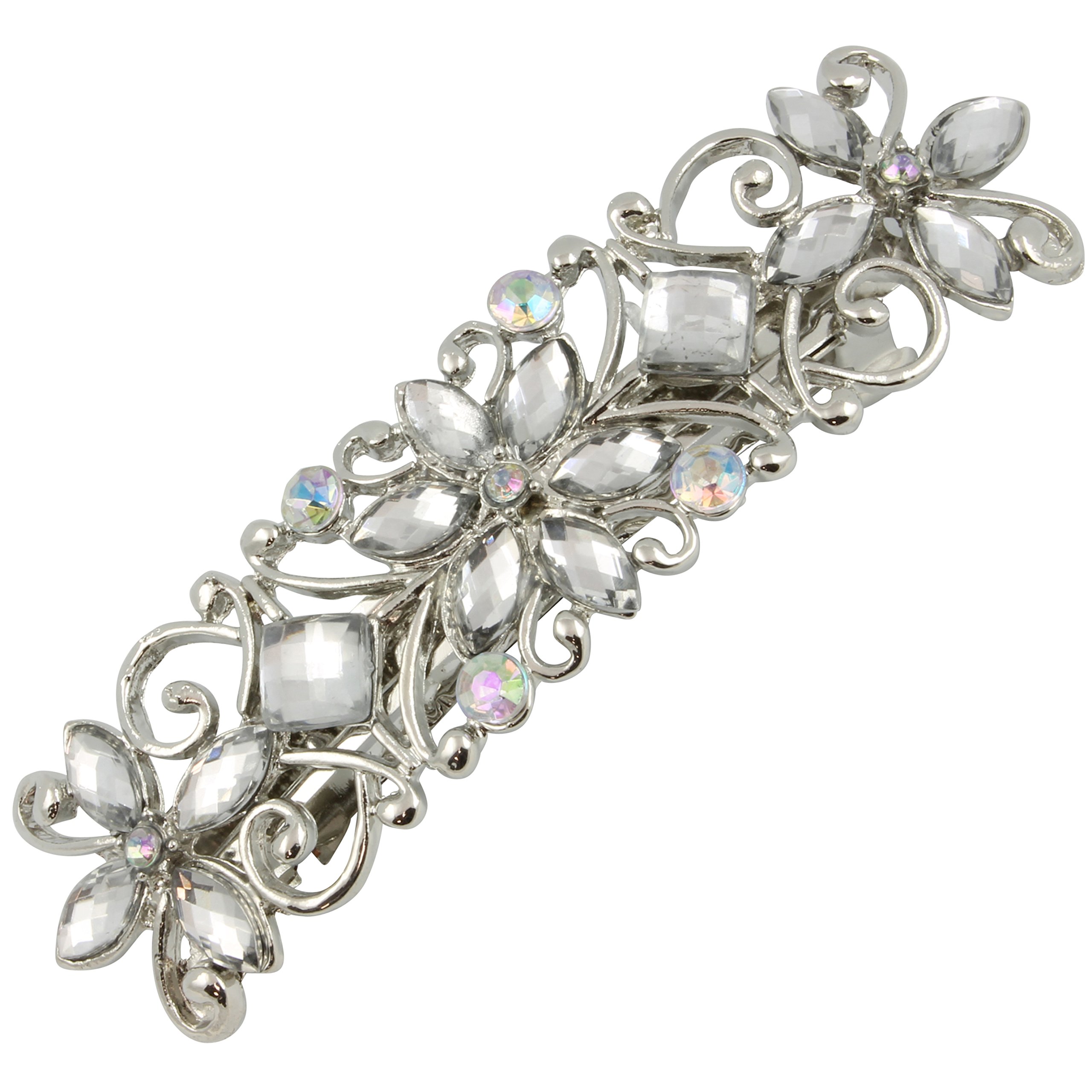Large Diamante Flower Silver Barrette Hair Clip