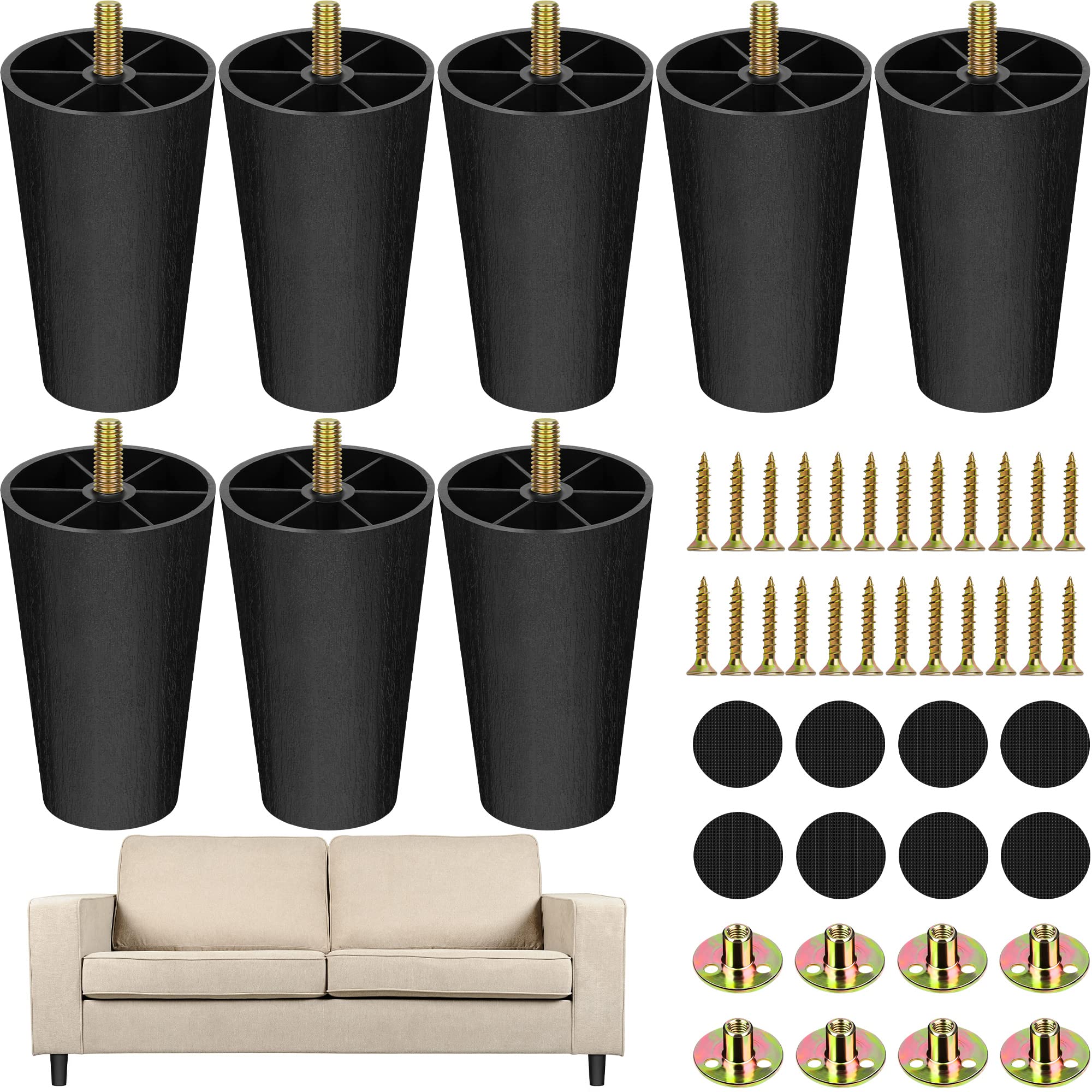 TURSTIN 8 Pack 4 Inch Plastic Furniture Legs with M8 T-nuts Screws Tapered Sofa Couch and Chair Legs Replacement Furniture Leg for DIY Projects Sofas Coffee Tables Dressers Beds
