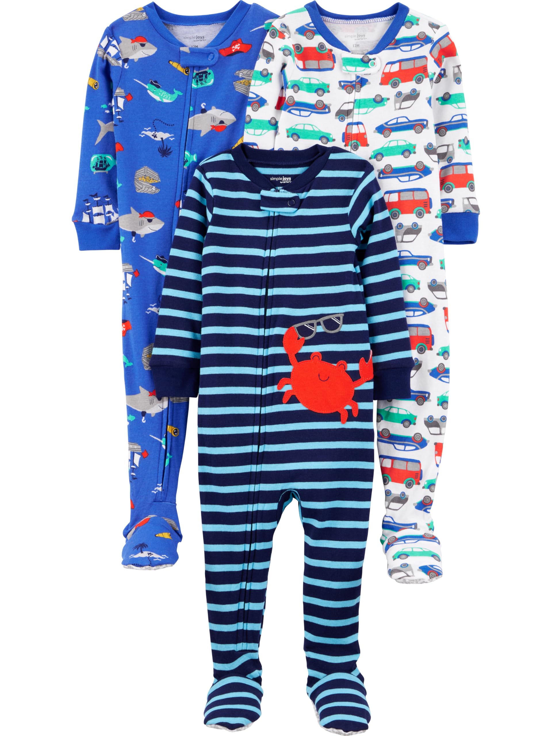 Photo 1 of Simple Joys by Carter's Baby Boys' 3-Pack Snug Fit Footed Cotton Pajamas, Blue Sea Life/Navy Stripe/White Cars, 3T