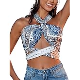 ZAFUL Womens Ribbed Halter Crop Top Ruched Lace-up Cropped Cami Bandana Top Criss Cross Wrap Print Tank Top