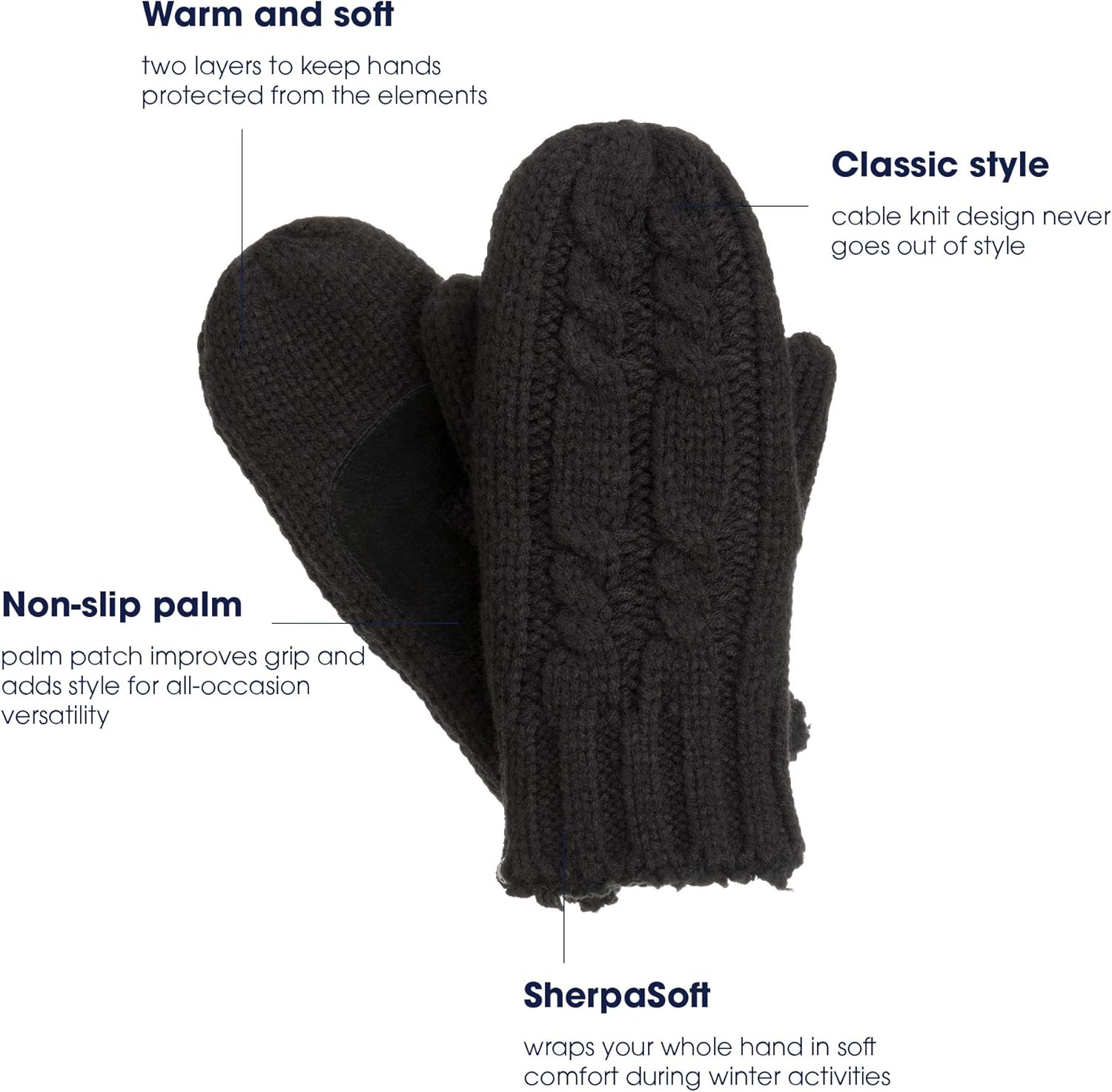 isotoner womens Chunky Cable Knit Mittens With Warm Soft Lining Cold Weather Gloves, Smartdri Heather Grey, One Size US at  Women’s Clothing store
